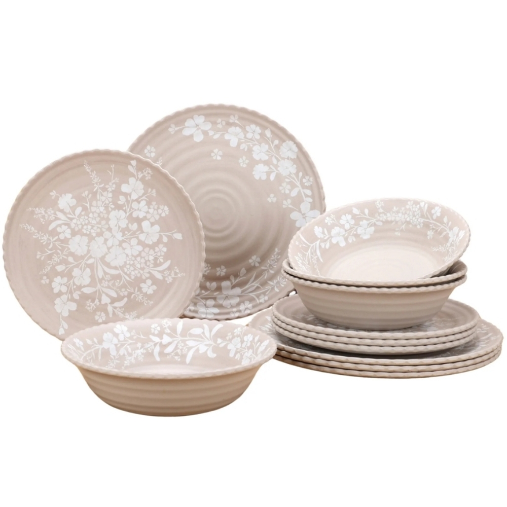 💕 New 2025 The Pioneer Woman Daisy Beige Lace Bamboo Melamine Dinnerware
